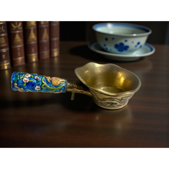 Chinese Brass Silk Iron-Dragon Relief-Painted Enamel Handle-Antique-Charcoal - Picture 8 of 8